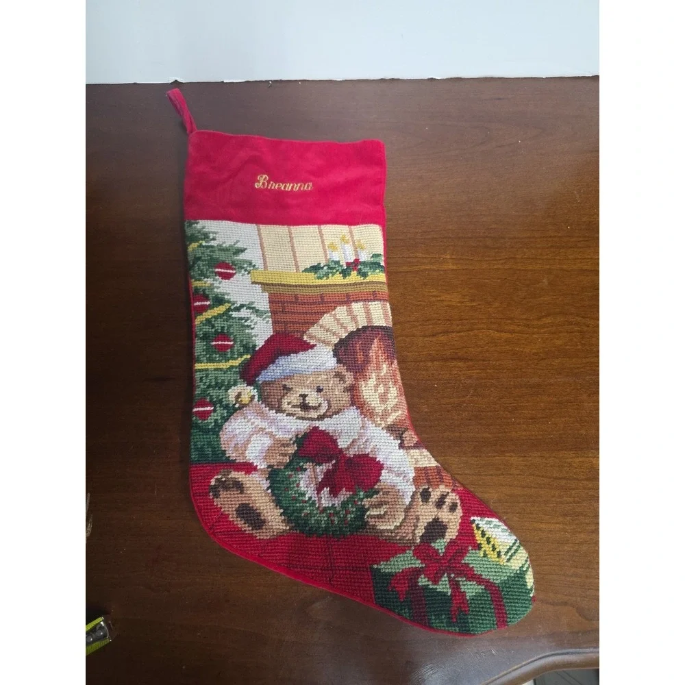 Needlepoint Christmas Stocking Bear Wreath Wool Velvet Personalized Breanna
